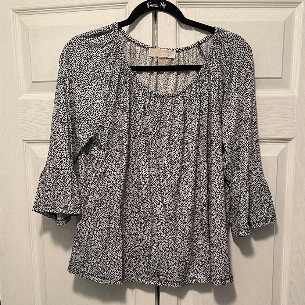 Michael Kors Black and White Printed Peasant Blouse